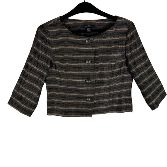 Louben Vintage Brown Striped 3/4 Sleeve Cropped Linen Blend Button Up Blazer 4 - Picture 1 of 5